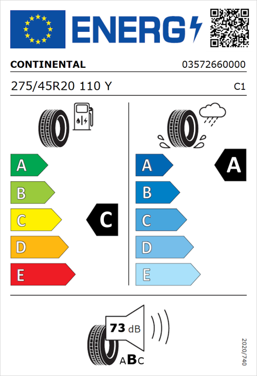 Tyre Label for Continental ContiSportContact 5 P 275/45R20 110Y