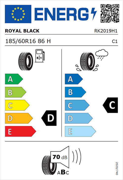 Tyre Label for Royal Black Royal Mile 185/60R16 86H