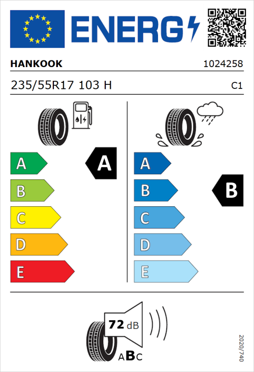 Tyre Label for Hankook Ventus Prime3 SUV K125A 235/55R17 103H