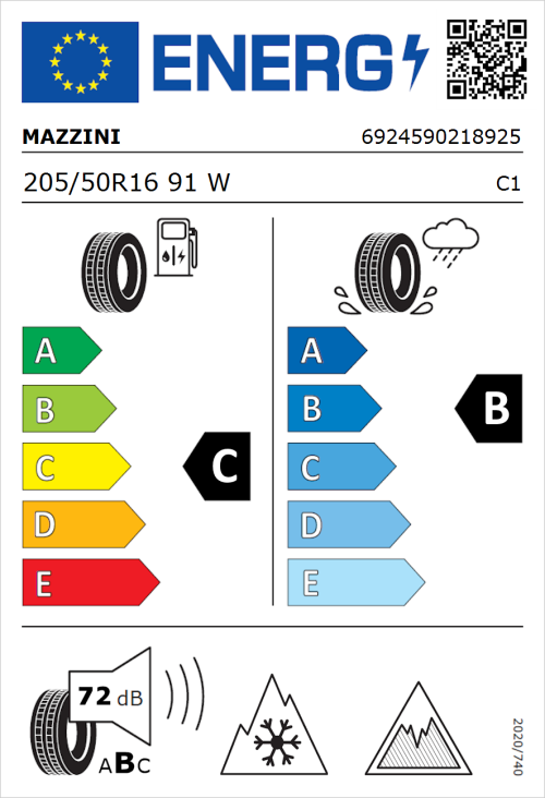 Tyre Label for Mazzini Versat-AS8 205/50R16 91W