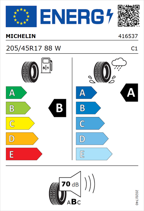 Tyre Label for Michelin Primacy 5 205/45R17 88W