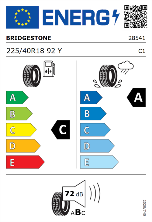Tyre Label for Bridgestone Potenza S005 225/40R18 92Y