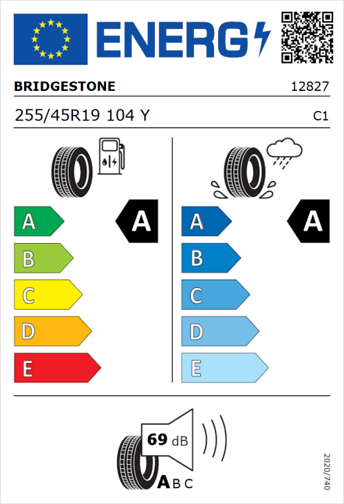 Tyre Label for Bridgestone Turanza T005 255/45R19 104Y