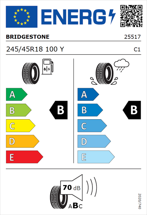 Tyre Label for Bridgestone Turanza T005 245/45R18 100Y